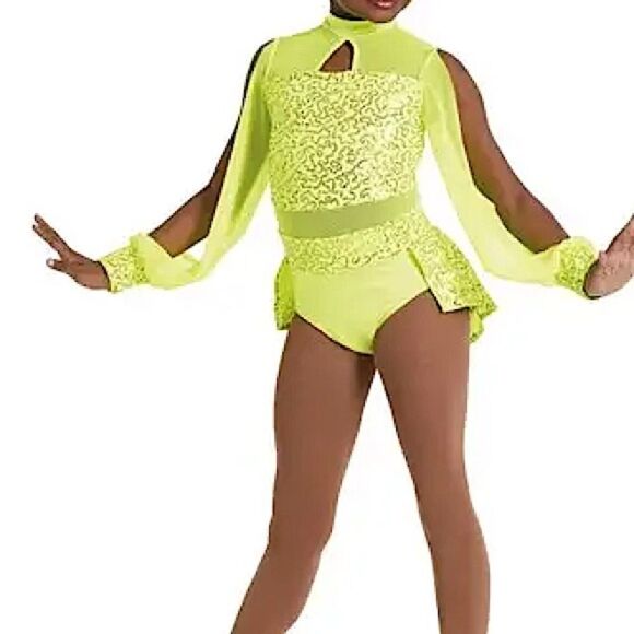 WEISSMAN Dance Costume Poet neon yellow sequin All I Am 11714 LC-large child - Picture 1 of 11